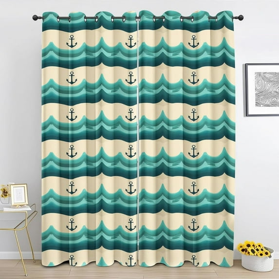 Anchor Kitchen Curtains, Nautical Anchor Blackout Curtains Thermal Insulated Small Window Treatment, Ocean Waves Drapes Grommet For Bedroom Living Room 42"W x 84"L (Pack of 2)