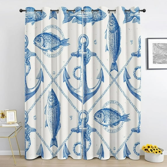 Anchor Kitchen Curtains, Nautical Fish Blackout Curtains Thermal Insulated Small Window Treatment, Sea Life Drapes Grommet For Bedroom Living Room 26"W x 45"L (Pack of 2)