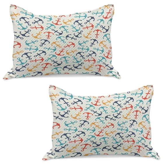 Anchor Knitted Quilt Pillowcover Set of 2, Anchor Shape in Lines Tropics Getaway Ship Cruise Transport Repeating Tile, Standard Queen Pillow Sham Bedroom, 30" x 20", Beige Multicolor, by Ambesonne