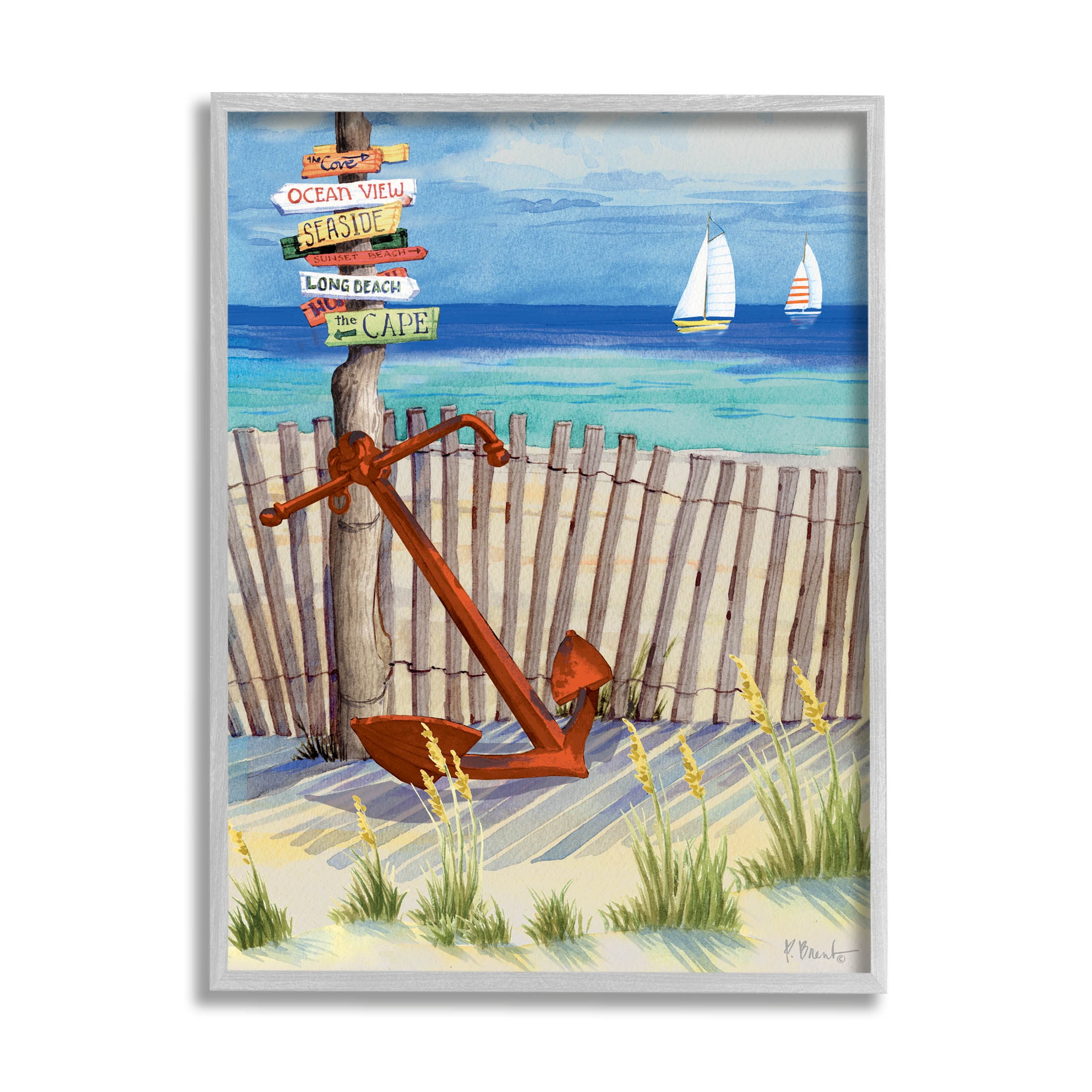 Anchor Leaning Beach Directions Sign Coastal Painting Gray Framed Art Print Wall Art