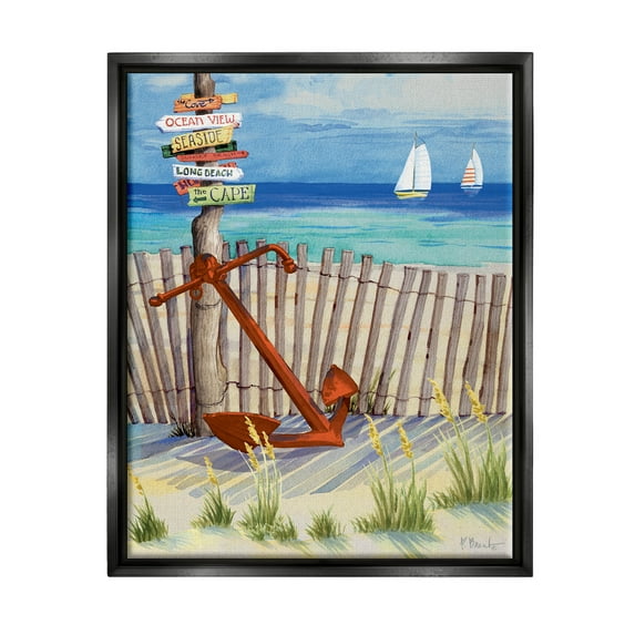 Anchor Leaning Beach Directions Sign Coastal Painting Jet Black Framed Art Print Wall Art