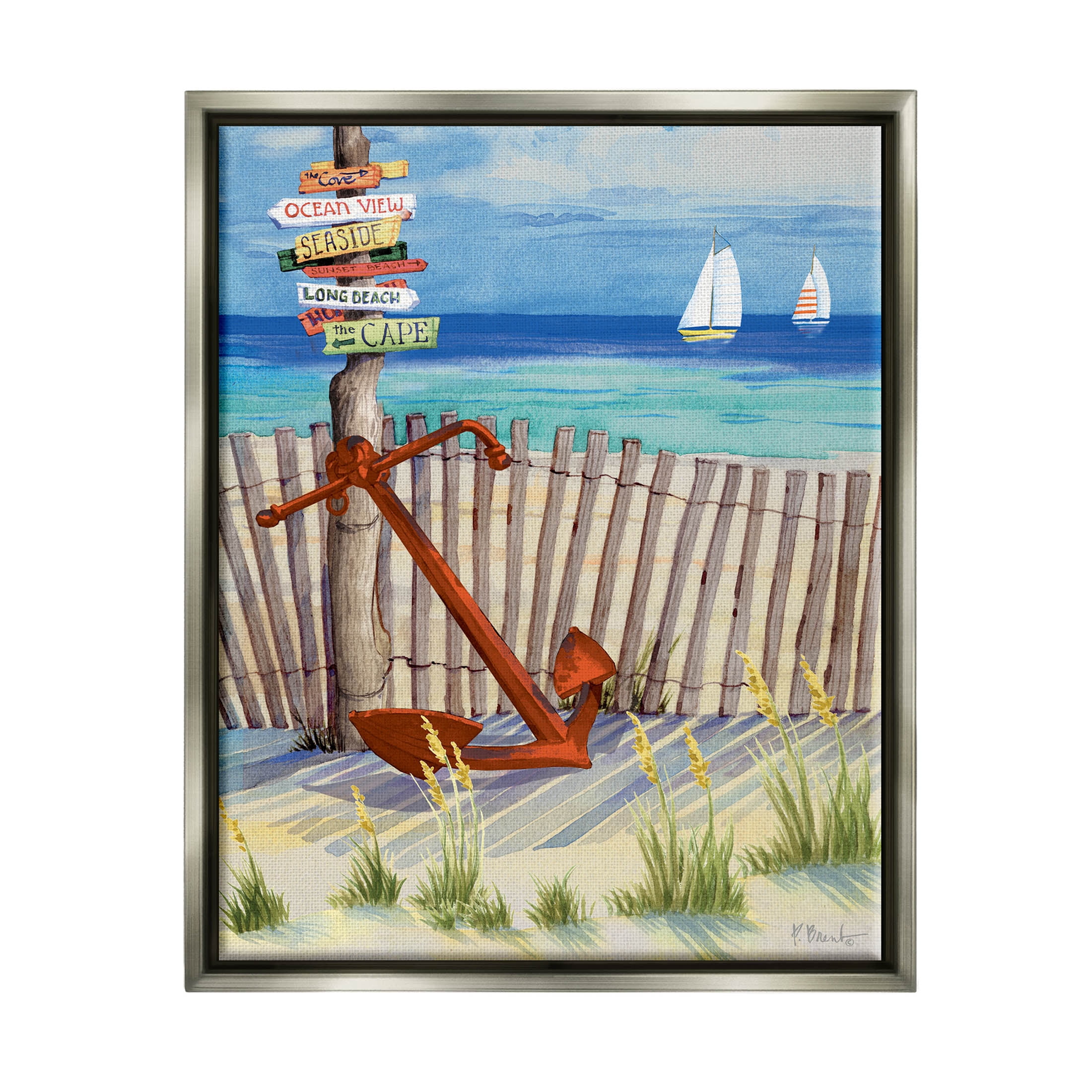 Anchor Leaning Beach Directions Sign Coastal Painting Luster Gray Framed Art Print Wall Art