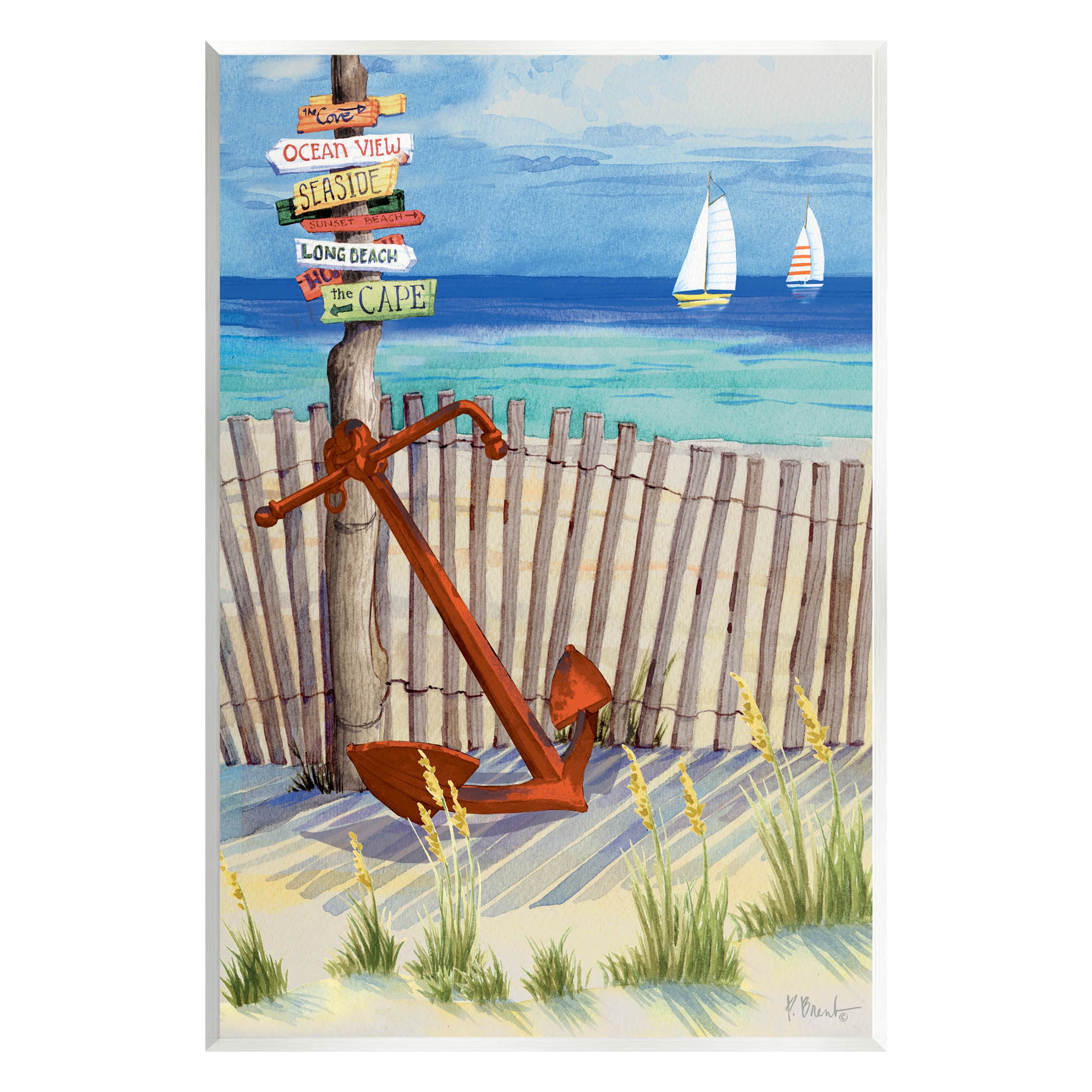 Anchor Leaning Beach Directions Sign Coastal Painting Unframed Art Print Wall Art