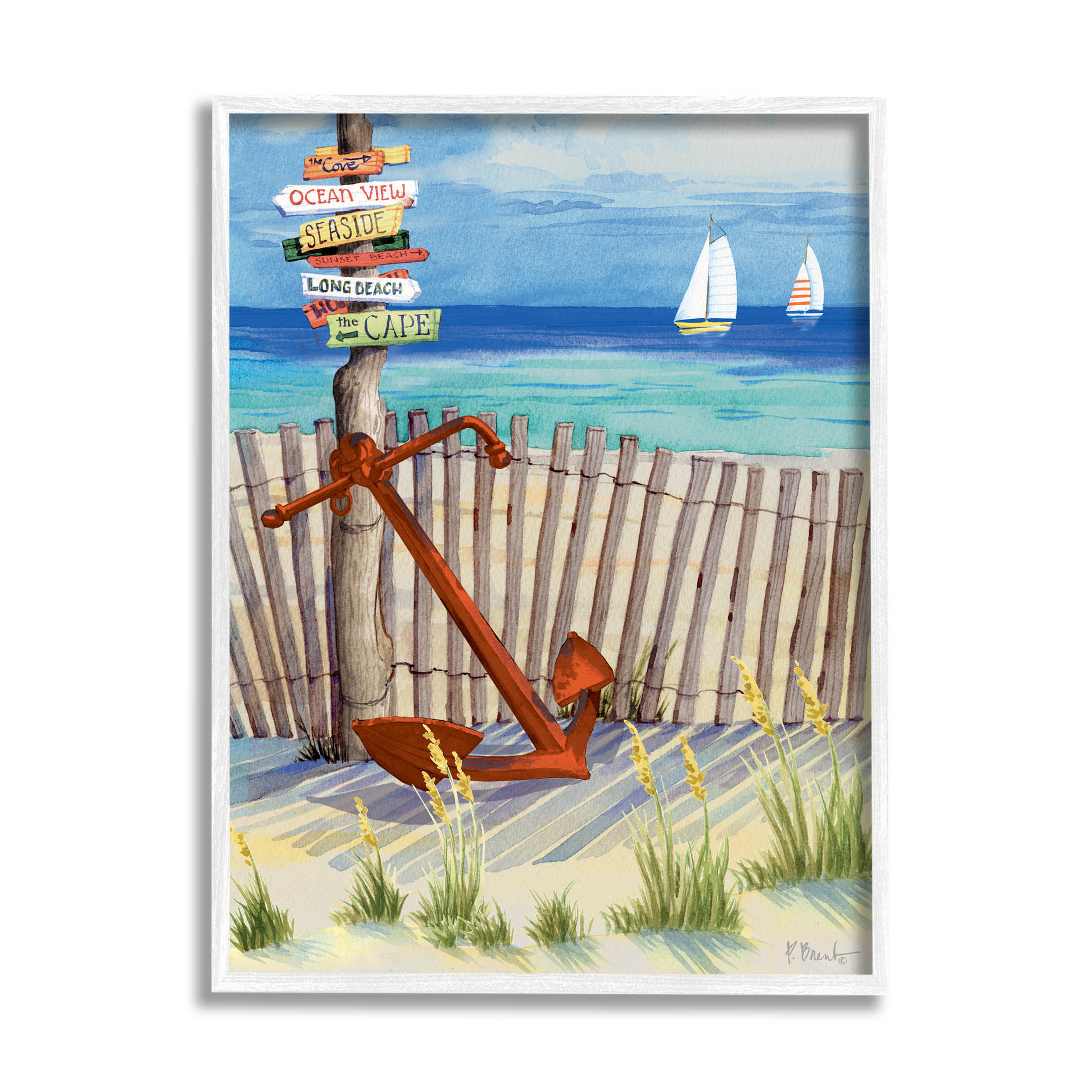 Anchor Leaning Beach Directions Sign Coastal Painting White Framed Art Print Wall Art
