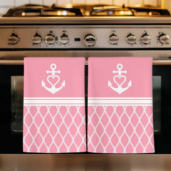 Anchor Morocco Kitchen Towels Set of 4, Modern Nautical Pink Boho Stripes Absorbent Dish Towels for Kitchen, Microfiber Hand Towel, Quick Drying Tea Towel for Cleaning Decorative Dishcloths