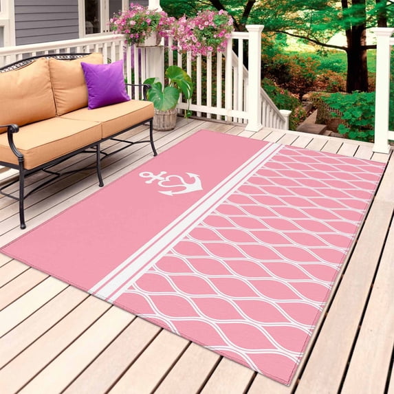 Anchor Morocco Outdoor Rug for Patio/Deck/Porch, Non-Slip Large Area Rug 5 x 7 Ft, Modern Nautical Pink Boho Stripes Indoor Outdoor Rugs Washable Area Rugs, Reversible Camping Rug Carpet Runner