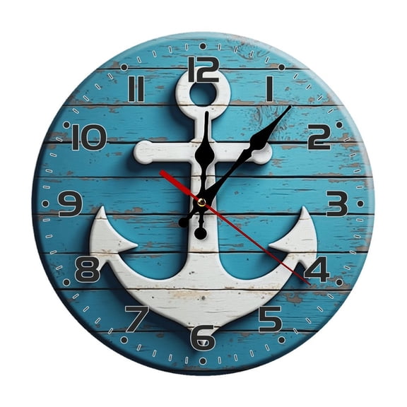 Anchor Nautical Blue Wall Clock 10 Inch Silent Non Ticking Round Wooden Clock Decoration for Living Room Kitchen Bedroom Bathroom Office Classroom