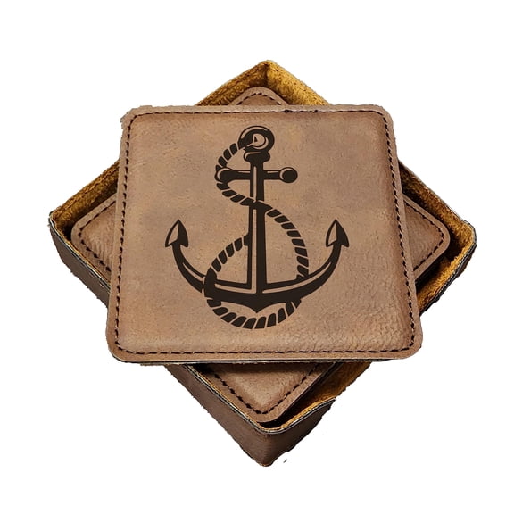 Anchor Nautical Coasters - Handmade Coasters Set of 6 - Engraved Barware Decorations - Leather Bar Decor - Man Cave Father's Day Present