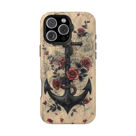 Anchor Nautical Map Flower Design Case for iPhone 17 through 11 Pro Max