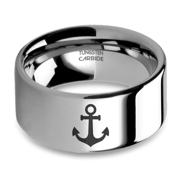 Anchor Nautical Symbol Engraved Silver Tungsten Carbide Ring, 10mm, Size 9.5