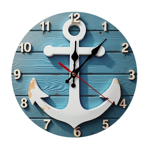 Anchor Nautical White Wall Clock 10 Inch Silent Non Ticking Round Clock Decoration for Living Room Kitchen Bedroom Bathroom Office Classroom