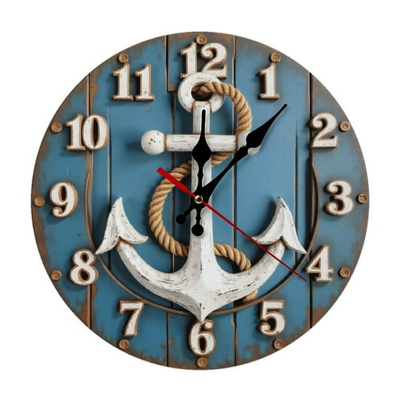 Anchor Nautical Wooden Wall Clock 10 Inch Silent Non Ticking Round Clock Decoration for Living Room Kitchen Bedroom Bathroom Office Classroom
