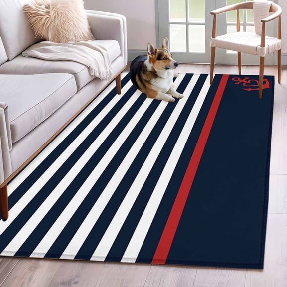 Anchor Navy Blue Area Rug 4x6 Washable Rug Non Slip Red Nautical White Geometric Stripes Large Area Rug Indoor Floor Carpet for Entryway Bedroom Kitchen Living Room Home Office Dining Room Nursery