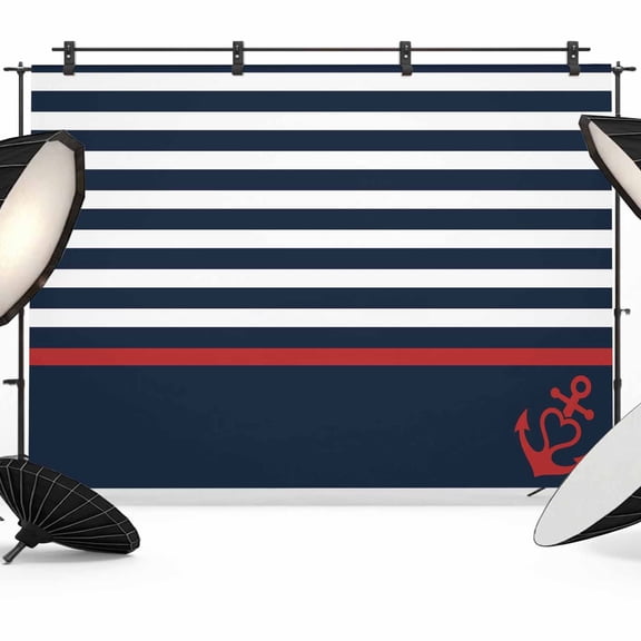 Anchor Navy Blue Backdrop for Photoshoot,Photography Photo Studio Background Wall Backdrop,Red Nautical White Geometric Stripes Back Drop Banner Panel for Portraits Wedding Party Live Streaming 8x6Ft