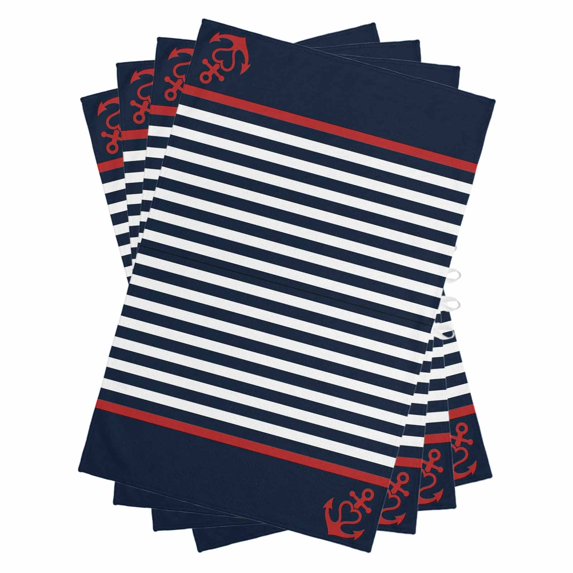 Anchor Navy Blue Kitchen Towels Set of 4, Water Absorbent Dish Towel, Red Nautical White Geometric Stripes Decorative Hand Towels - Quick Drying Cloth for Cooking Baking, 18x28 Inch