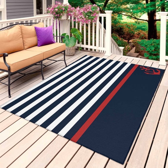 Anchor Navy Blue Outdoor Rug for Patio/Deck/Porch, Non-Slip Large Area Rug 5 x 8 Ft, Red Nautical White Geometric Stripes Indoor Outdoor Rugs Washable Area Rugs, Reversible Camping Rug Carpet Runner