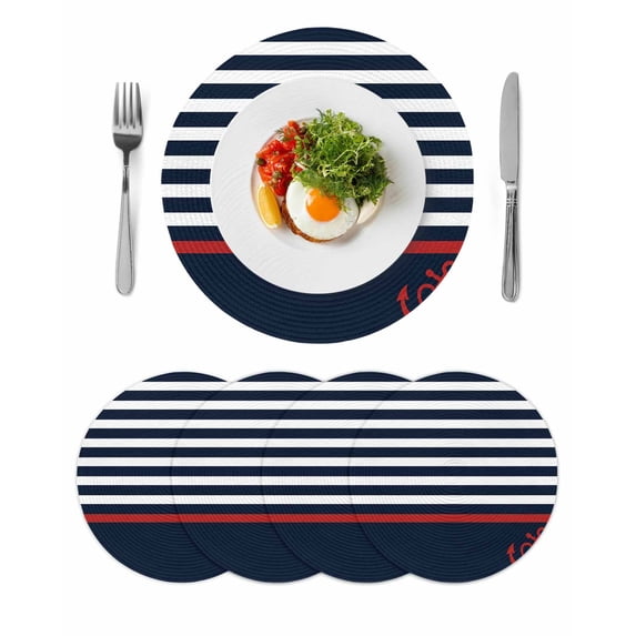 Anchor Navy Blue Round 13 Inch Placemats Set of 4, Red Nautical White Geometric Stripes HeatResistant Non Slip Place Mats for Dining Table, Wipeable Braided Kitchen Table Mats for Housewarming