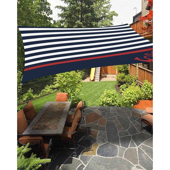 Anchor Navy Blue Sun Sail Shades Rectangle Canopy,Sunlight Block Heavy Duty Curved Backyard Shade Cover,Red Nautical White Geometric Stripes Waterproof Sun Shades for Patios Garden Pergola 6.5'x10'