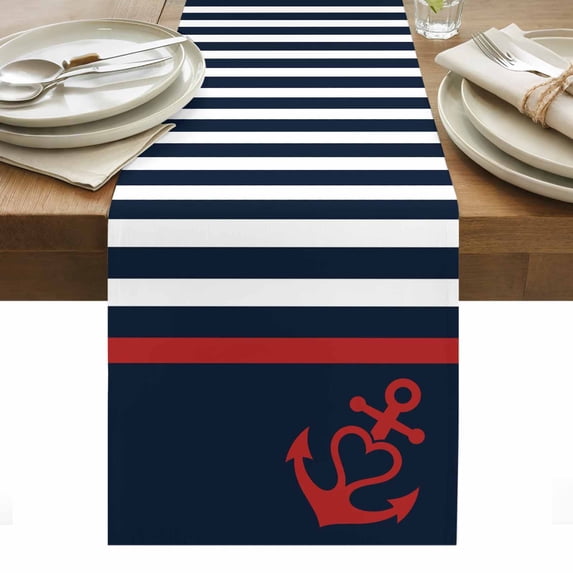 Anchor Navy Blue Table Runner - 72 Inch Long, Kitchen Dining Table Runner Dresser Scarves, Red Nautical White Geometric Stripes Farmhouse Decor for Coffee Tables Wedding Party Banquet