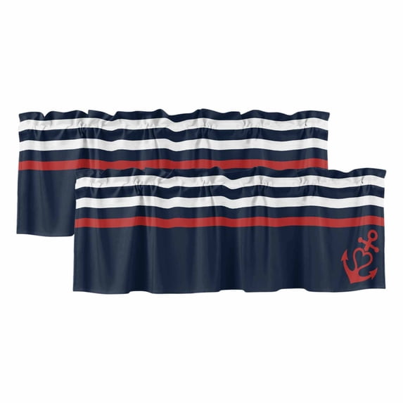 Anchor Navy Blue Valances for Windows, Decorative Rod Pocket Window Valance Curtains, Red Nautical White Geometric Stripes Short Curtain Drapes for Kitchen/Living Room, 2 Panels, 42" W x 18" L