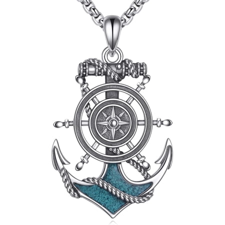 Anchor Necklace S925 Sterling Silver Turquoise Compass Anchor Pendant Necklace Nautical Jewelry Gifts for Men Women
