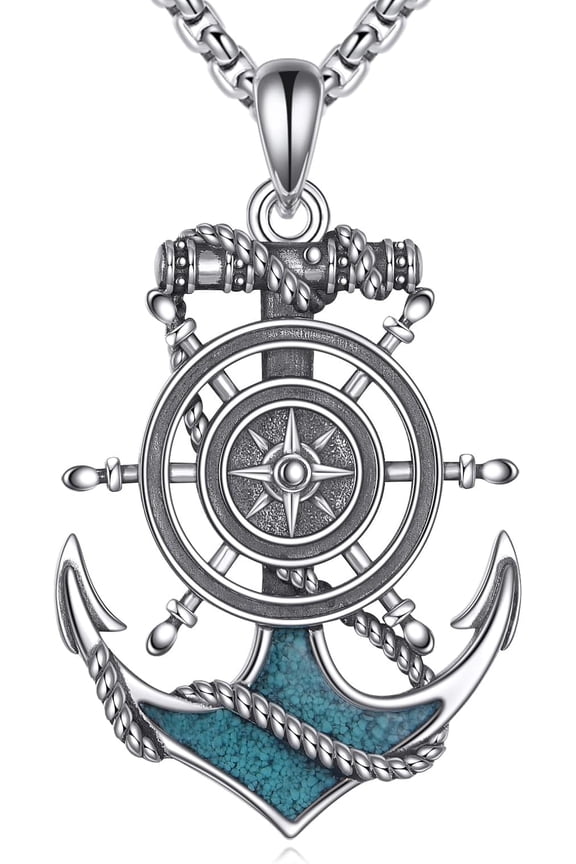 Anchor Necklace S925 Sterling Silver Turquoise Compass Anchor Pendant Necklace Nautical Jewelry Gifts for Men Women
