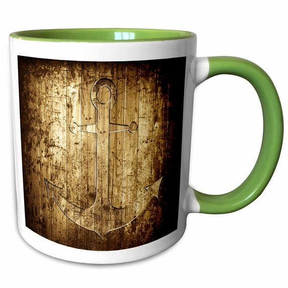 3drose, Anchor on Wood Photo, 11oz Two-tone Green Mug