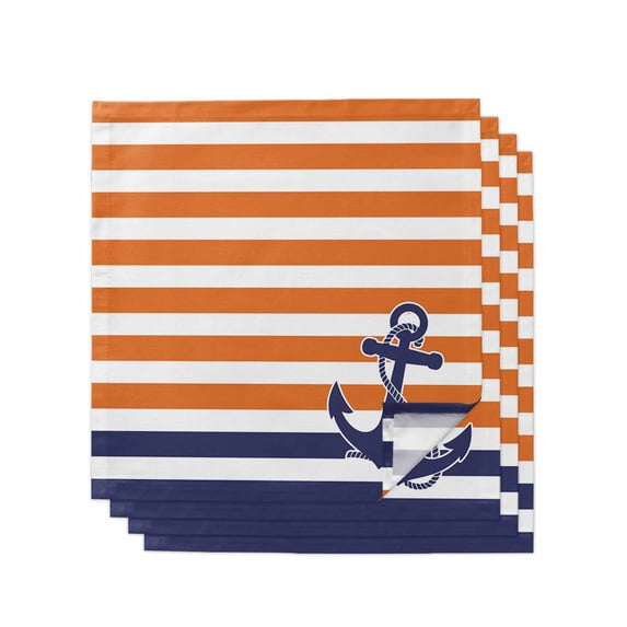 Anchor Orange Cloth Napkins Set of 4 Reusable Dinner Napkins, Modern Navy Blue White Striped Nautical Cocktail Napkin Washable Table Napkins for Wedding/Holiday Party/Baby Shower 20"x20"
