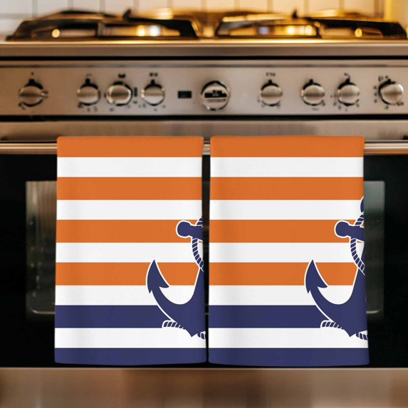 Anchor Orange Kitchen Towels Set of 2, Modern Navy Blue White Striped Nautical Absorbent Dish Towels for Kitchen, Microfiber Hand Towel, Quick Drying Tea Towel for Cleaning Decorative Dishcloths