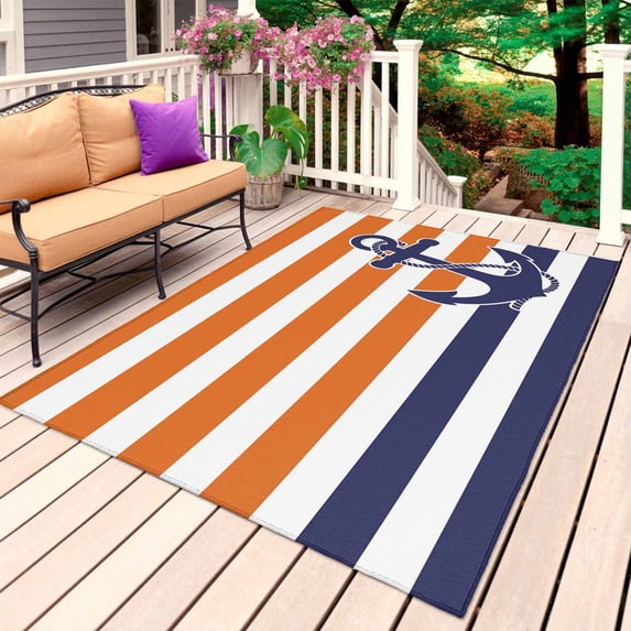 Anchor Orange Outdoor Rug 4x6 Ft, Non Slip Washable Area Rug, Modern Navy Blue White Striped Nautical Patio Rugs Carpet Runner, Large Floor Mat for Indoor/Outdoor Deck Porch Camping