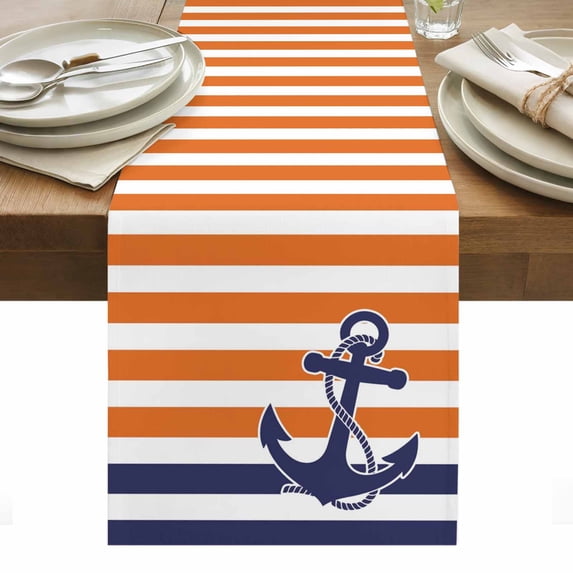 Anchor Orange Table Runner - 70 Inch Long, Kitchen Dining Table Runner Dresser Scarves, Modern Navy Blue White Striped Nautical Farmhouse Decor for Coffee Tables Wedding Party Banquet