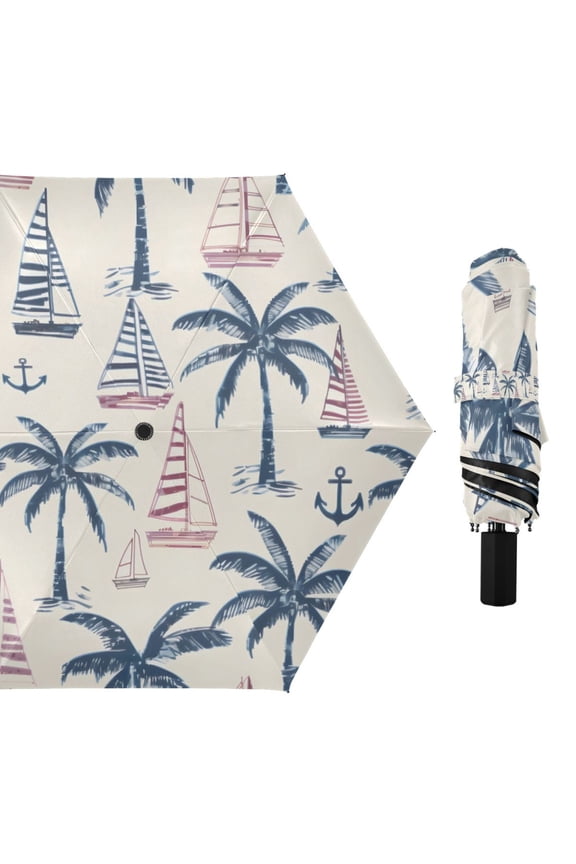 Anchor Palm Tree Ship Compact Sun Umbrella Windproof Travel Umbrellas for Rain Strong Portable UV Protection