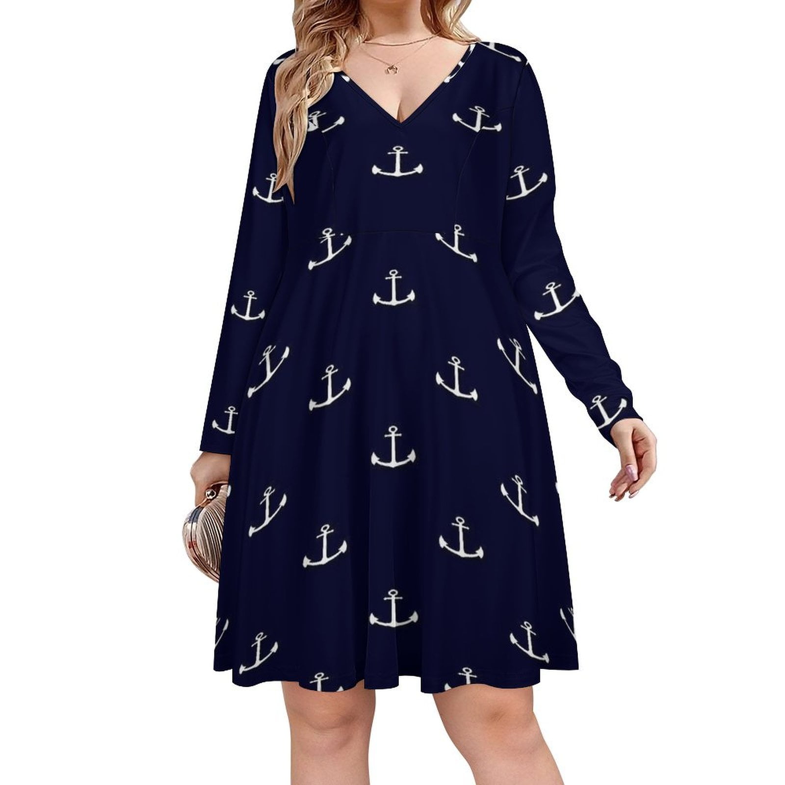 Anchor Pattern Long Sleeve Dresses For Women Vintage Elegant Party ...