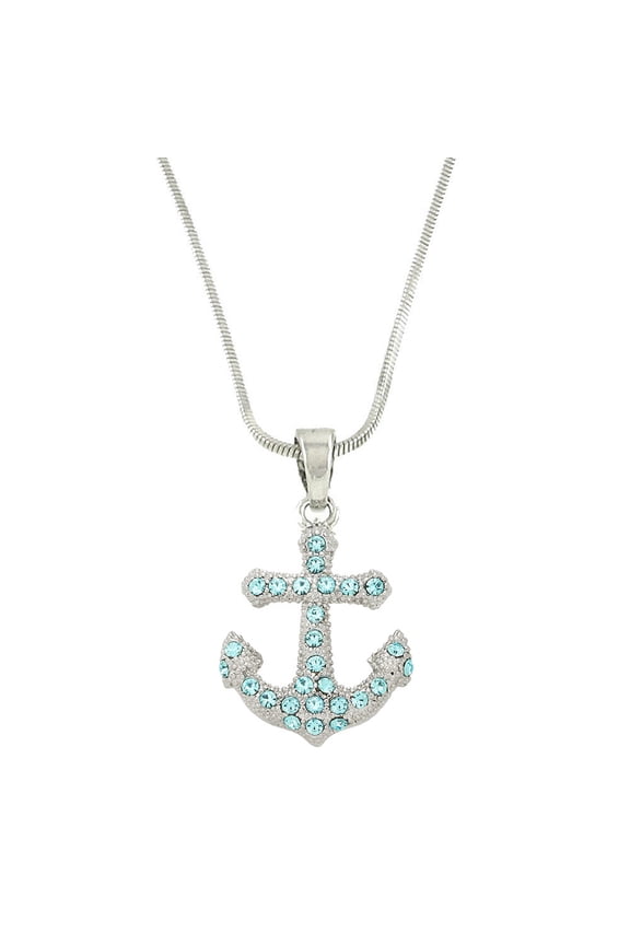 Anchor Pendant Necklace or Earring Aqua Rhinestone Crystal Rhodium Plated 17 Inch Snake Chain J0299-AQ
