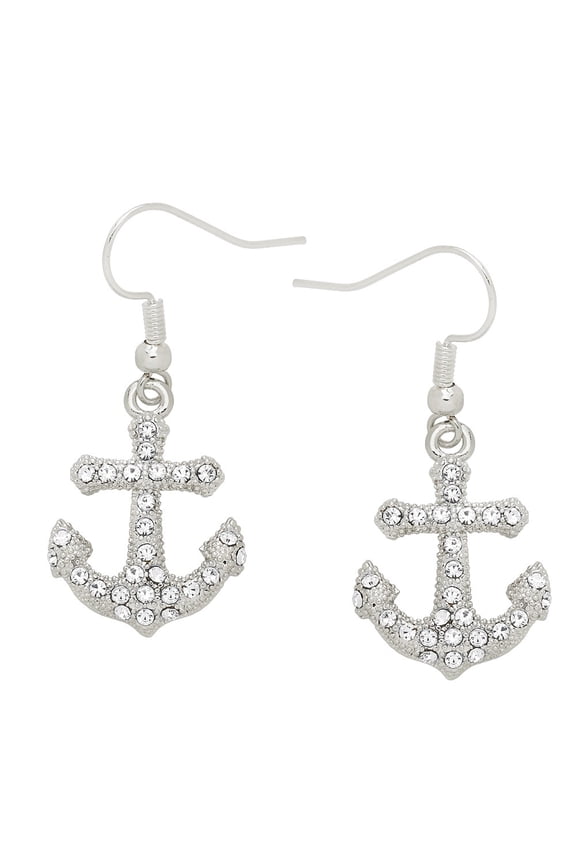 Anchor Pendant Necklace or Earring Clear Rhinestone Crystal Rhodium Plated 17 Inch Snake Chain E0783-CR