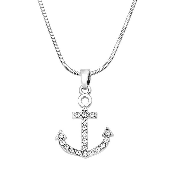 Anchor Pendant Necklace or Earring Clear Rhinestone Crystal Rhodium Plated 17 Inch Snake Chain J0267-CR