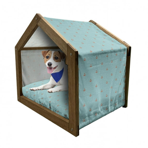 Anchor Pet House, Nauticals on Pastel Colored Background Sailor Theme Sea Pattern, Outdoor & Indoor Portable Dog Kennel with Pillow and Cover, 5 Sizes, Pale Blue and Vermilion, by Ambesonne