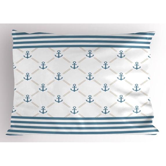Anchor Pillow Sham Blue Stripes Frame with Abstract Stripes and Chain Figures Symmetrical Pattern, Decorative Standard King Size Printed Pillowcase, 36 X 20 Inches, Pale Blue White, by Ambesonne