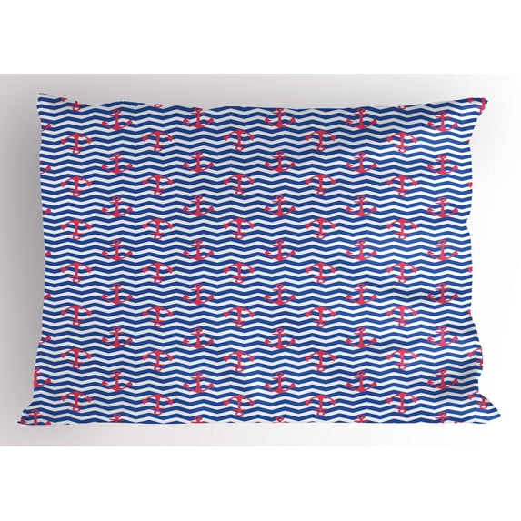 Anchor Pillow Sham Geometric Design with Anchors Silhouettes on Zigzag Lines Wavy Background, Decorative Standard Size Printed Pillowcase, 26 X 20 Inches, Blue Dark Coral White, by Ambesonne