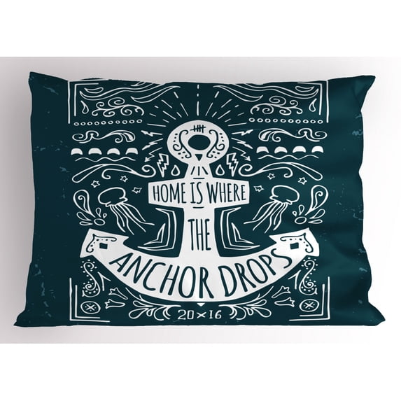 Anchor Pillow Sham Hand Drawn Hipster Label with an Anchor and Lettering on Grunge Background, Decorative Standard King Size Printed Pillowcase, 36 X 20 Inches, Dark Blue White, by Ambesonne