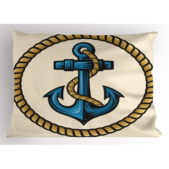 Anchor Pillow Sham Sailor Design with Circular Rope and Anchor Antique Maritime Nautical, Decorative Standard Size Printed Pillowcase, 26 X 20 Inches, Pale Coffee Blue Cream, by Ambesonne