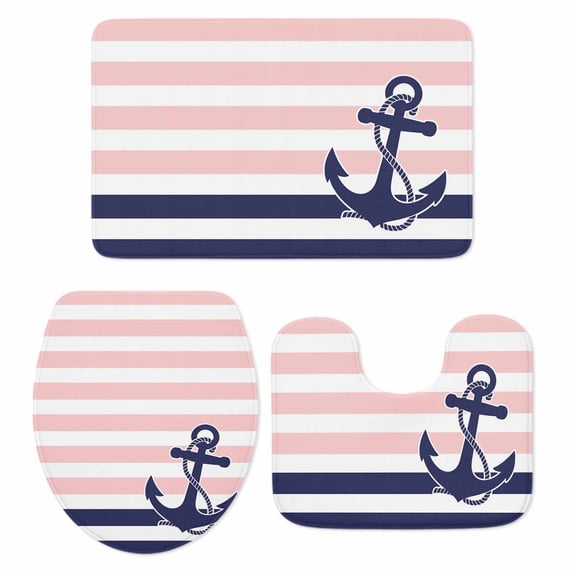 Anchor Pink Bath Mat 3 Piece Bathroom Rug Set, Modern Navy Blue White Striped Nautical Non Slip Bath Rug Contour Mat and Toilet Lid Cover, Absorbent Shower Mats Soft Bath Rugs and Mats Sets