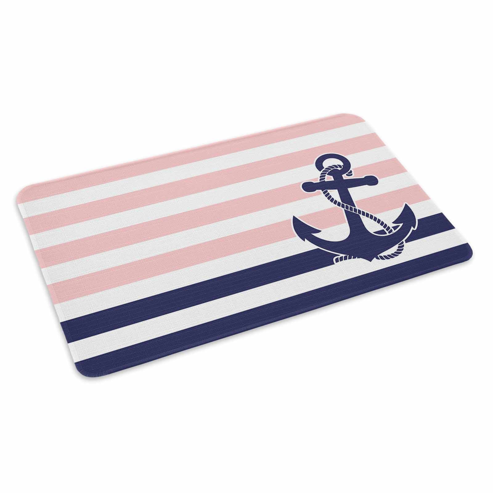 Anchor Pink Doormat Outdoor Entrance 16"x24", Modern Navy Blue White Striped Nautical Absorb Moisture Dirt Door Mats, Non-Slip Rubber Backing Floor Mats Indoor, Low-Profile Front Door Rugs