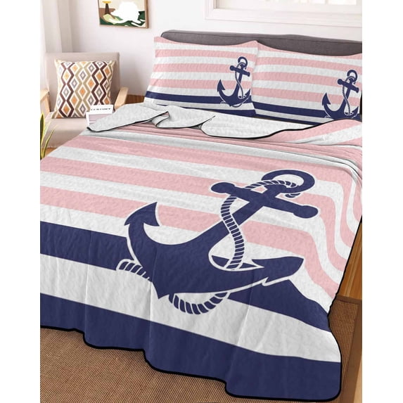 Anchor Pink Full Size Down Alternative Comforter, Lightweight Comforter Quilt Bedding Set with Pillow Shams Modern Navy Blue White Striped Nautical All Seasons Bed Comforter Duvet Insert 78"x90"