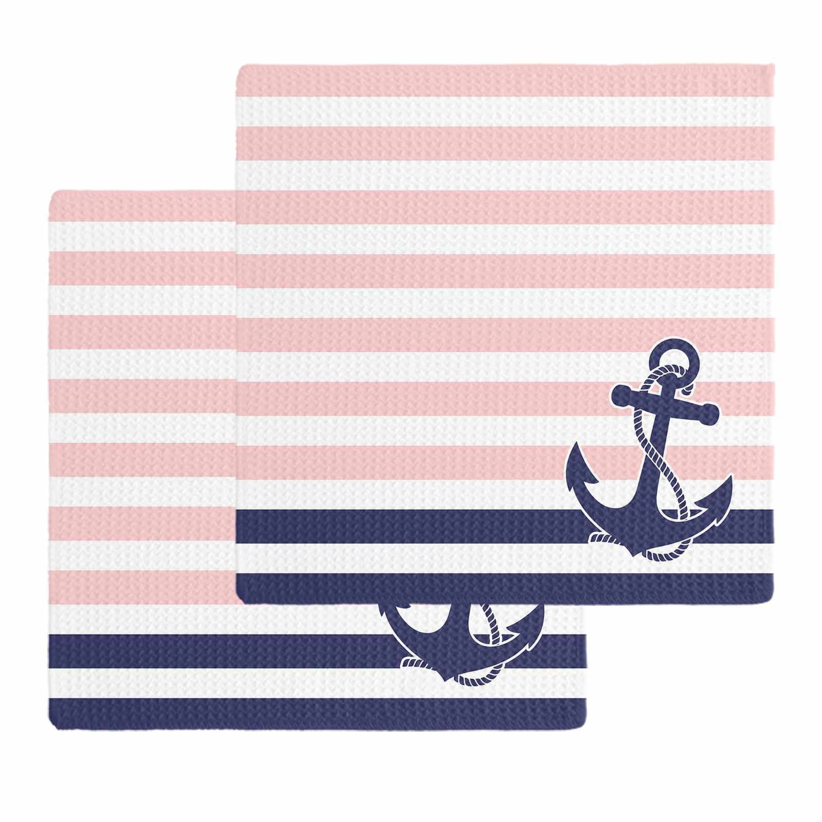 Anchor Pink Kitchen Dish Towels for Drying Dishes Set of 2, Modern Navy Blue White Striped Nautical Waffle Weave Microfiber Hand Tea Bathroom Towels Quick Dry & Absorbent Towel 12x12