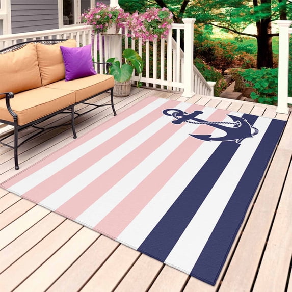 Anchor Pink Outdoor Rug 6x9 Ft, Non Slip Washable Area Rug, Modern Navy Blue White Striped Nautical Patio Rugs Carpet Runner, Large Floor Mat for Indoor/Outdoor Deck Porch Camping