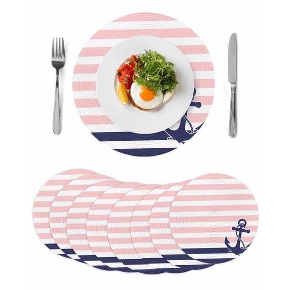 Anchor Pink Round 13 Inch Placemats Set of 8, Modern Navy Blue White Striped Nautical HeatResistant Non Slip Place Mats for Dining Table, Wipeable Braided Kitchen Table Mats for Housewarming