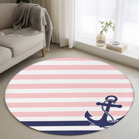 Anchor Pink Round Area Rug 3 FT, Small Kitchen Bathroom Mats, Modern Navy Blue White Striped Nautical Washable Indoor Outdoor Throw Runner Carpet Non-Shedding Doormat for Table Shower Sofa Entryway
