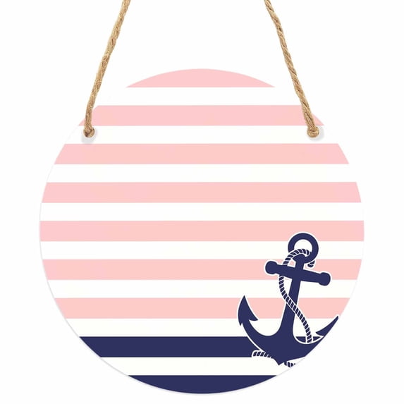 Anchor Pink Round Front Door Welcome Sign, 7.8 Inch Wall Hanging Decor for Indoor Outdoor, Modern Navy Blue White Striped Nautical Home Porch Hanger Decorations for Holiday Gift