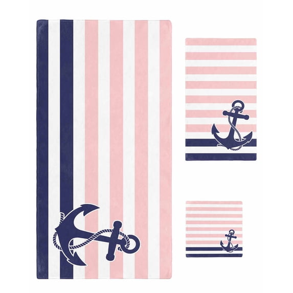 Anchor Pink Towel Set of 3, Soft Microfiber Bath Towels, Hand Towel, Washcloths, Modern Navy Blue White Striped Nautical Quick-Dry Absorbent Towels for Bathroom Kitchen Hotel Beach Gym Spa